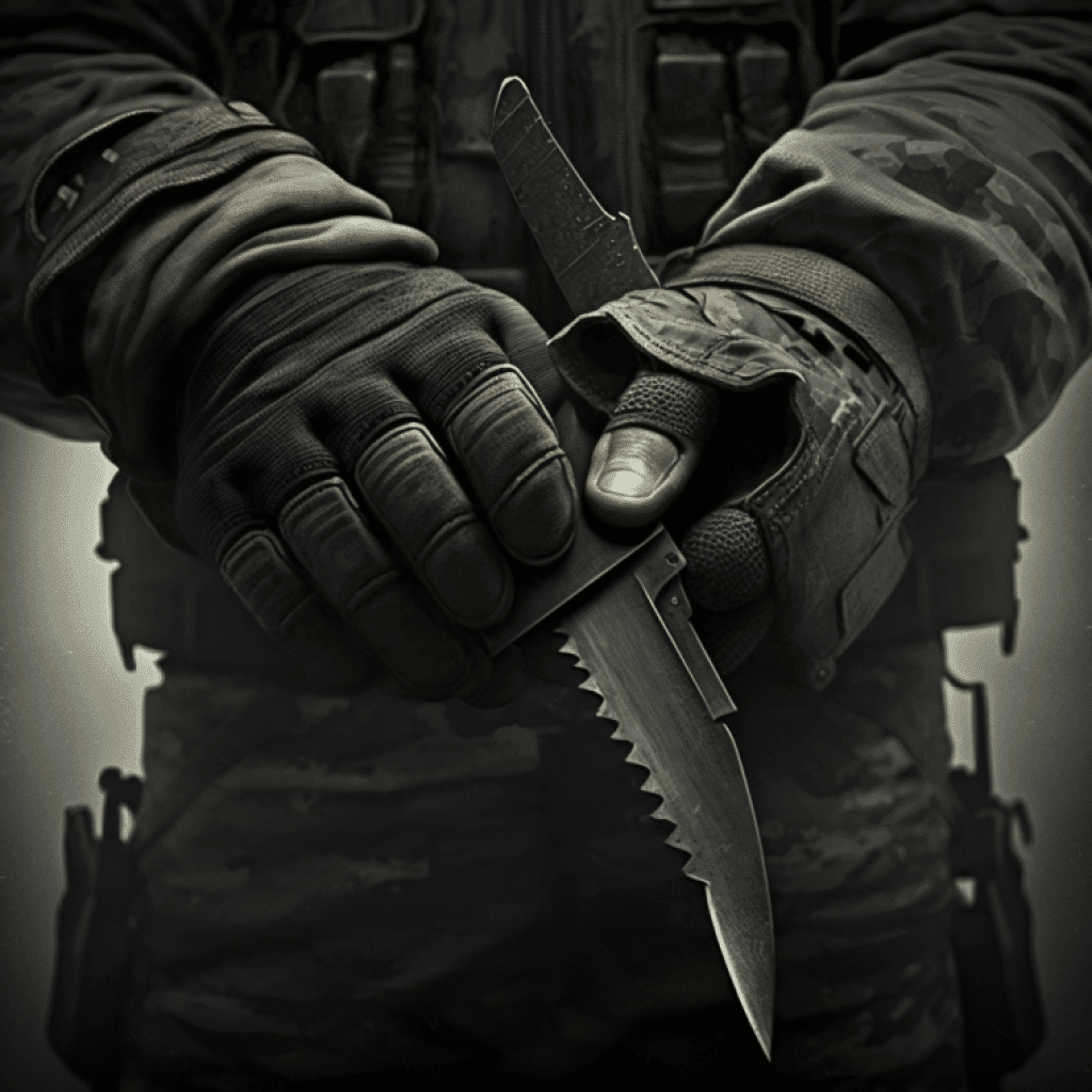 A close-up of a hand wearing a pair of tactical gloves holding a knife.