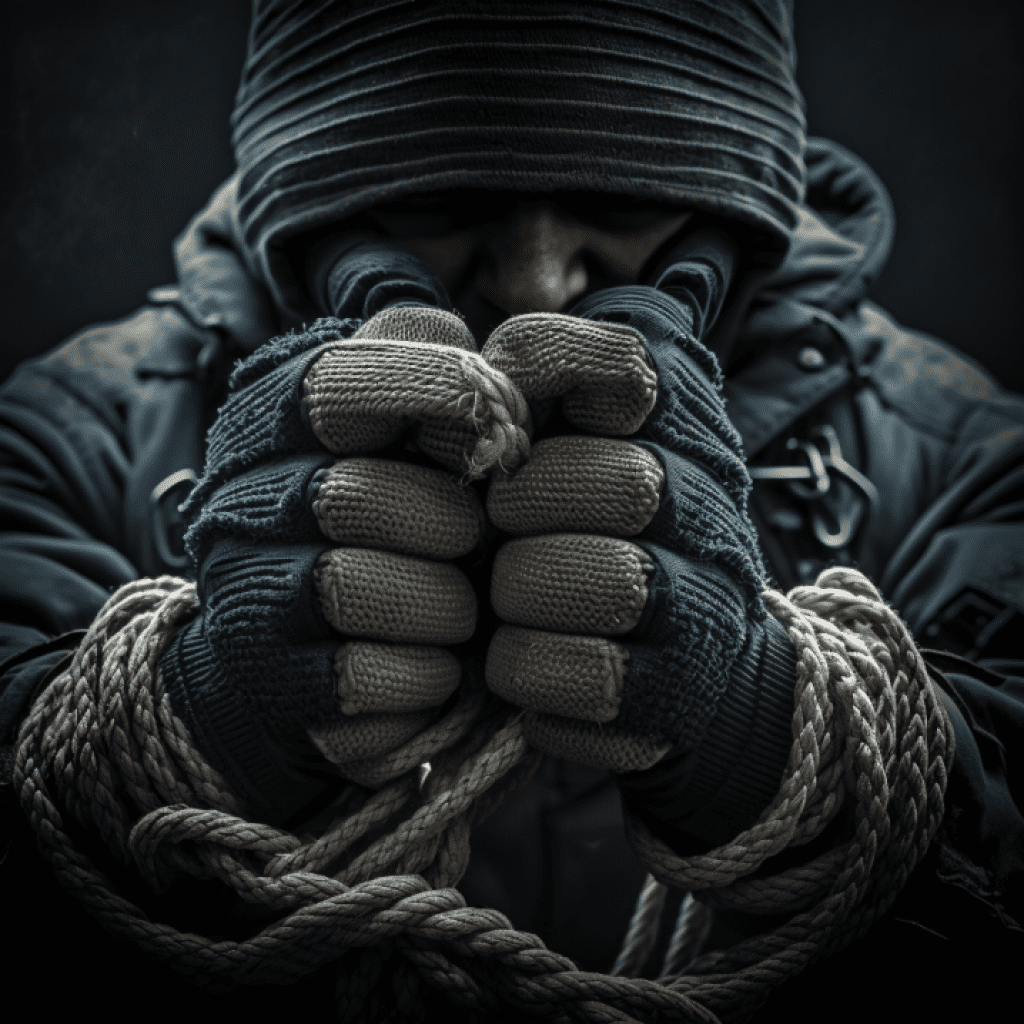 A hand wearing a pair of tactical gloves gripping a rope